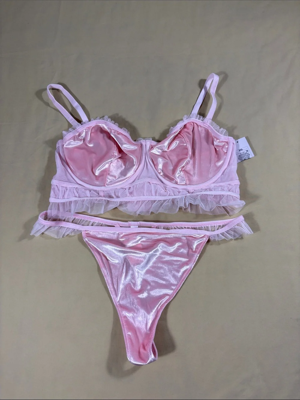 Auden Pink Velour Ruffle Lingerie Set Womens XXL Thong Underwire Matching NWT